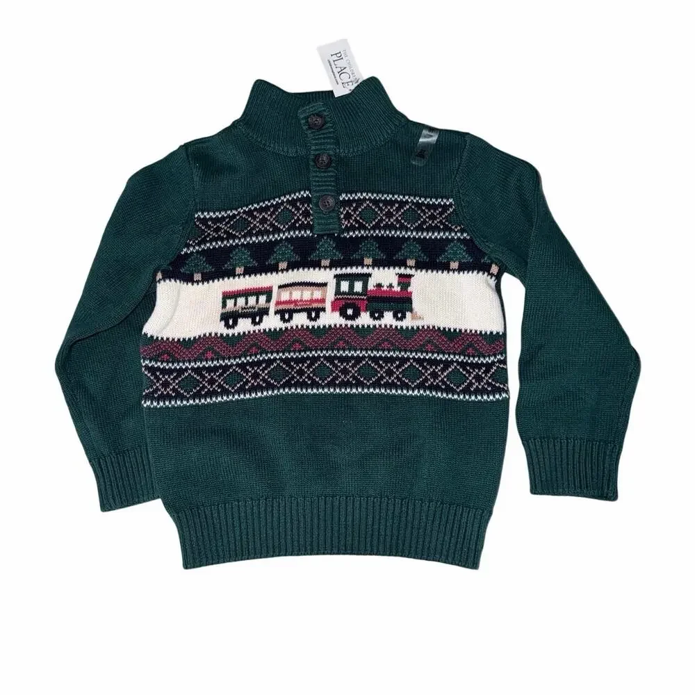 NWT toddler boys green sweater 3T button collar Choo Choo trains 100% cotton